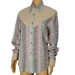 1970s Western Cream Floral Print Patchwork Quilted Yoke Button Up Shirt Size M